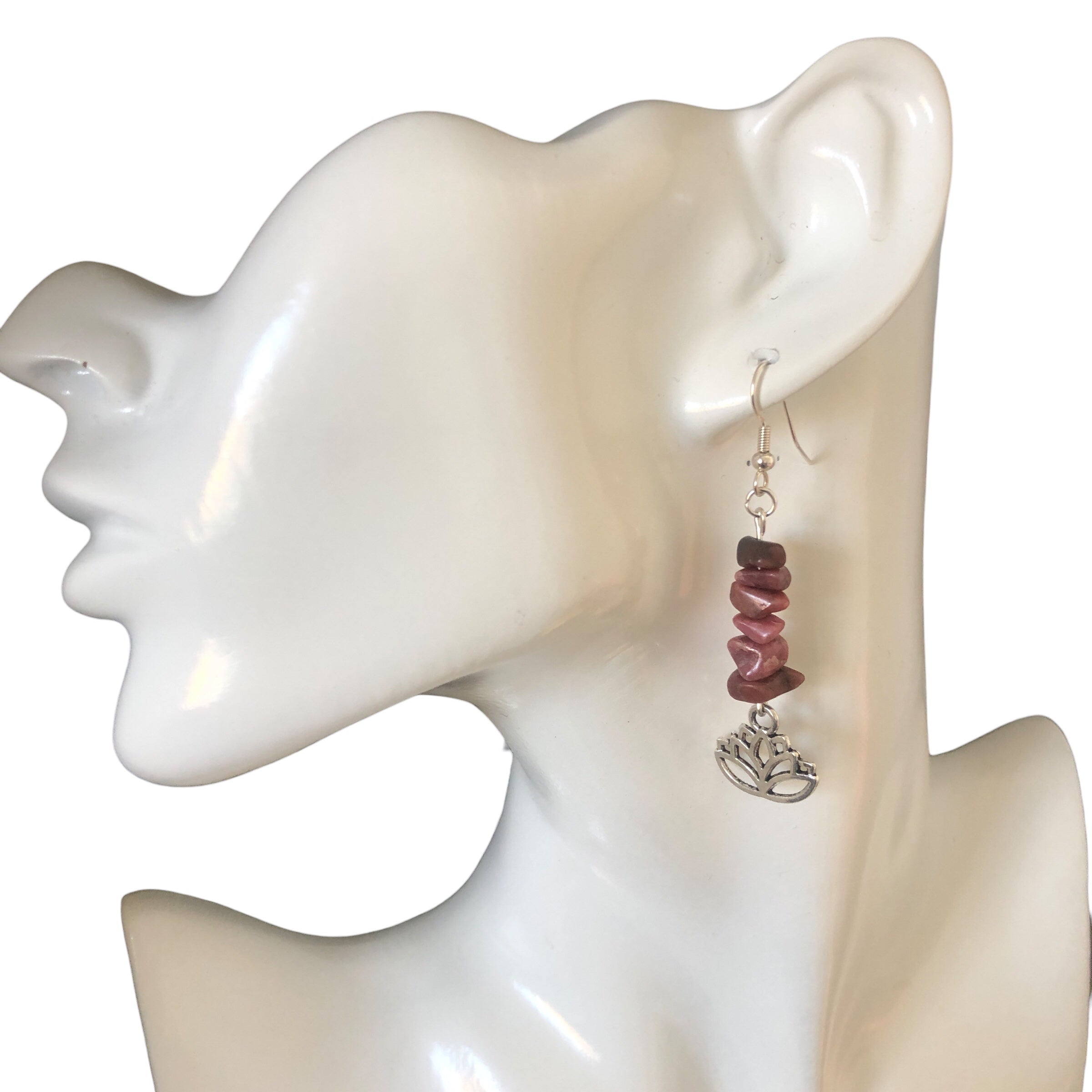 Lotus Flower Pink Rhodonite Dangle Earrings