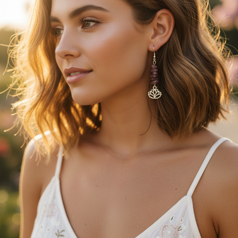 Lotus Flower Pink Rhodonite Dangle Earrings