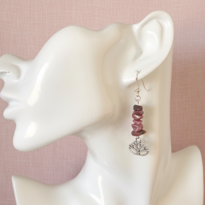 Lotus Flower Pink Rhodonite Dangle Earrings