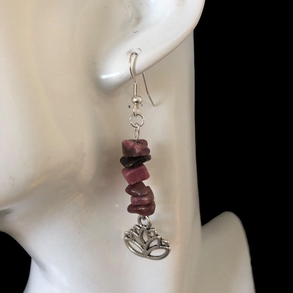 Lotus Flower Pink Rhodonite Dangle Earrings