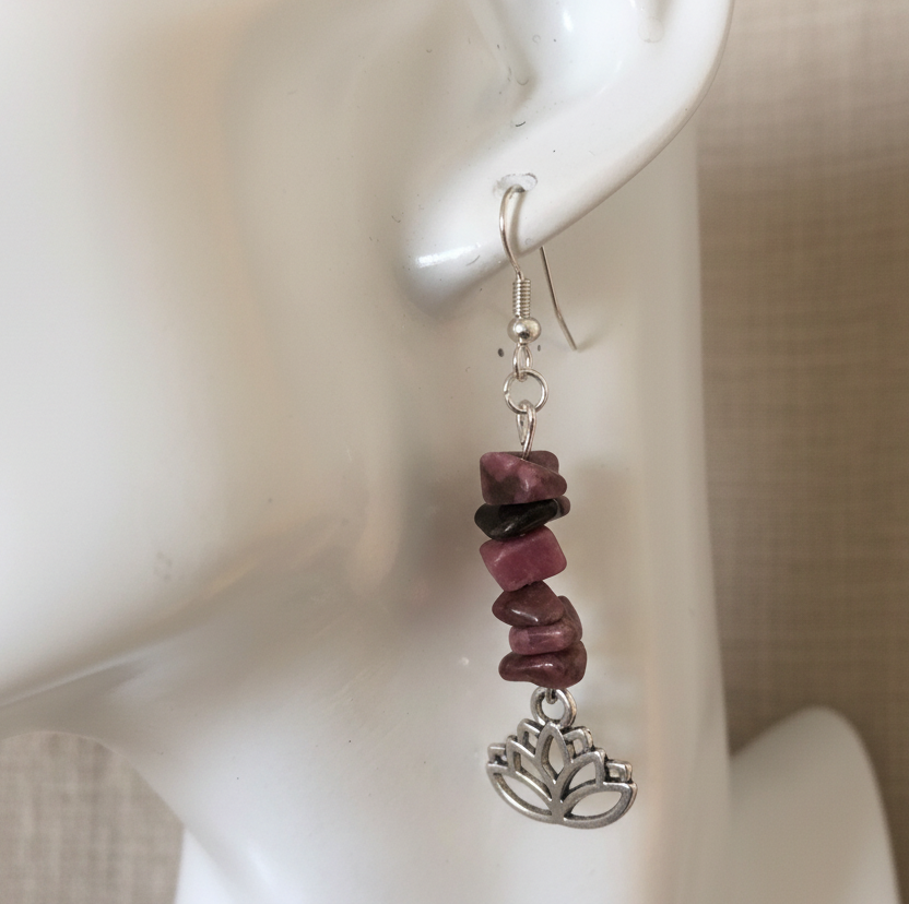 Lotus Flower Pink Rhodonite Dangle Earrings