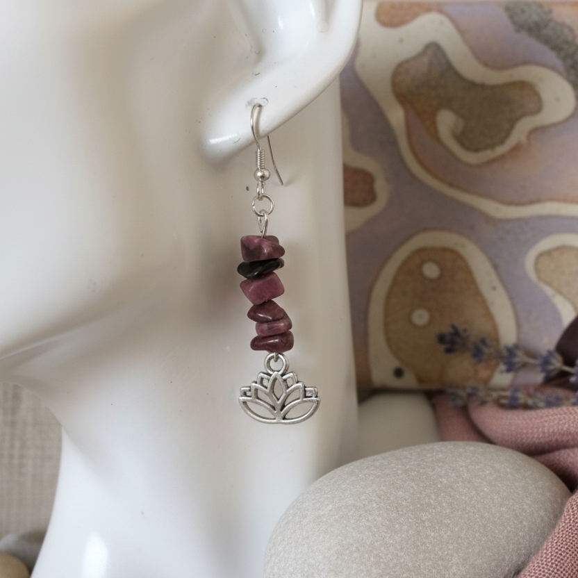 Lotus Flower Pink Rhodonite Dangle - Handmade, One-of-A-Kind - Silver Chamber Jewellery Store