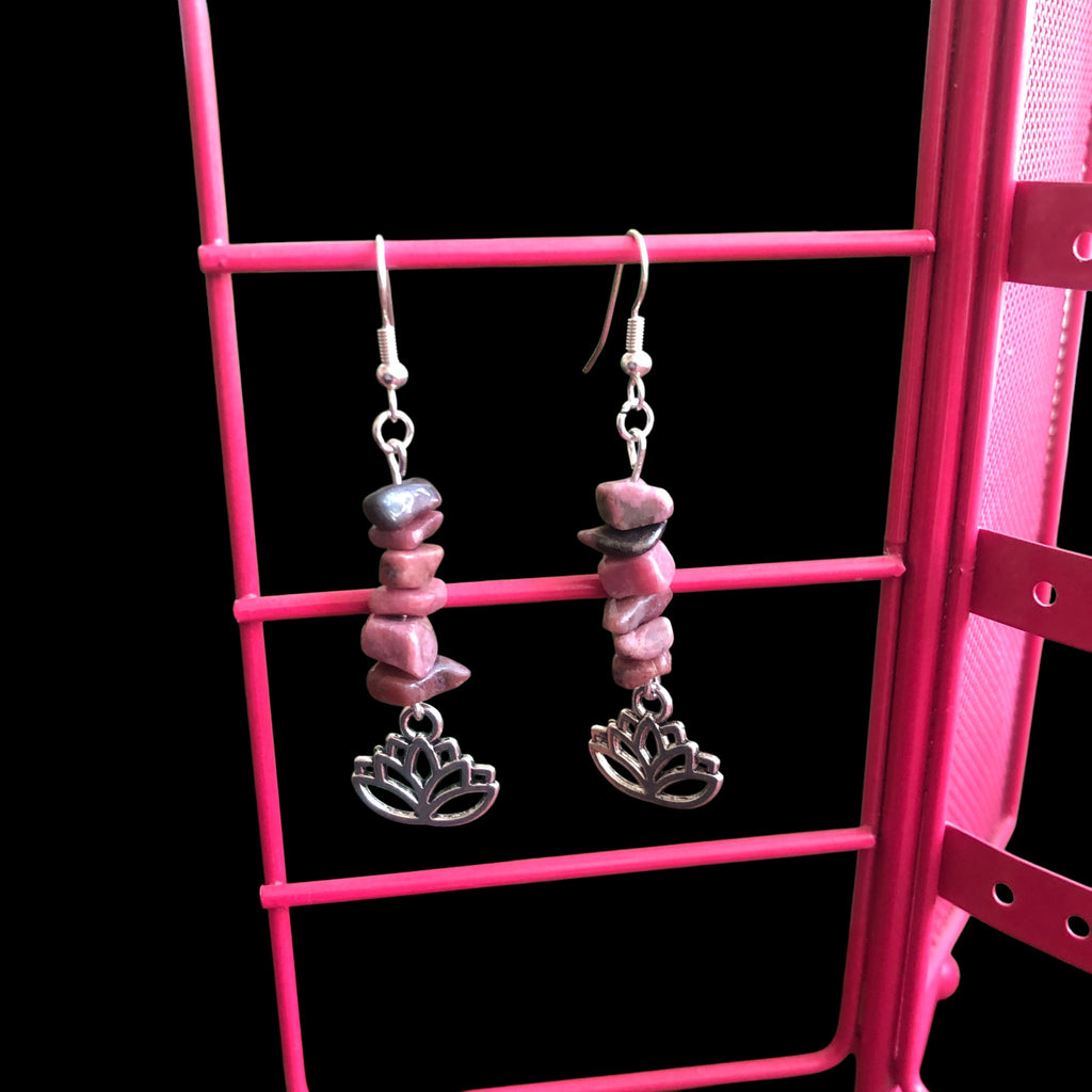 Lotus Flower Pink Rhodonite Dangle Earrings