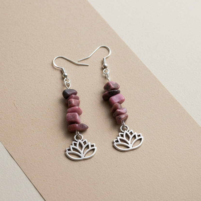 Lotus Flower Pink Rhodonite Dangle Earrings