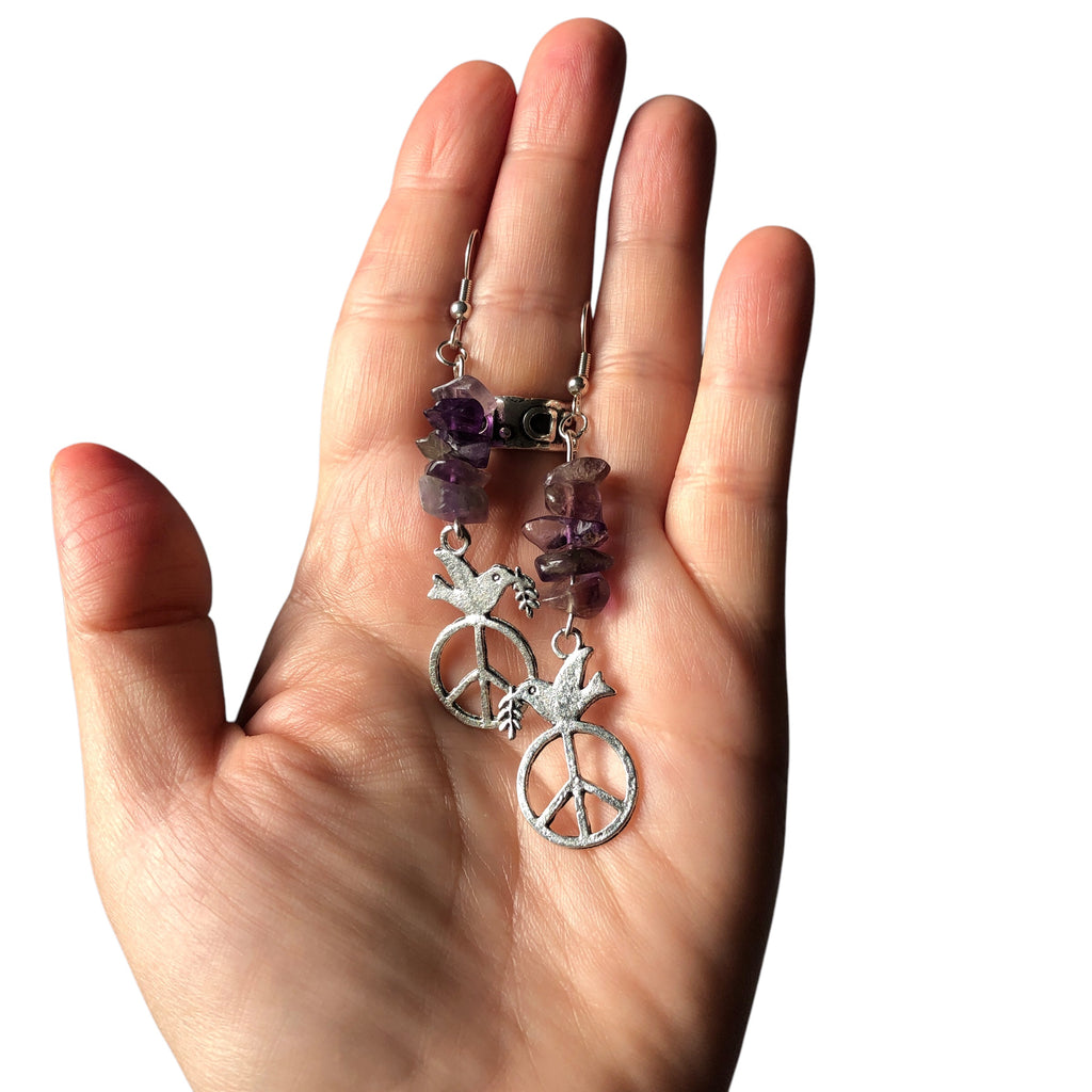 Peace Dove Amethyst Dangle Earrings