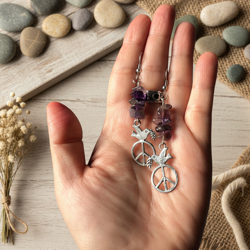 Peace Dove Amethyst Dangle Earrings
