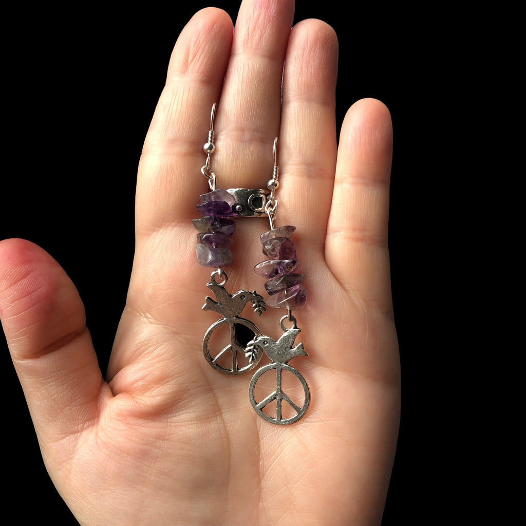 Peace Dove Amethyst Dangle Earrings