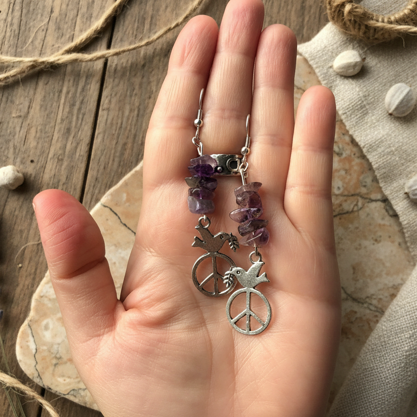 Peace Dove Amethyst Dangle Earrings