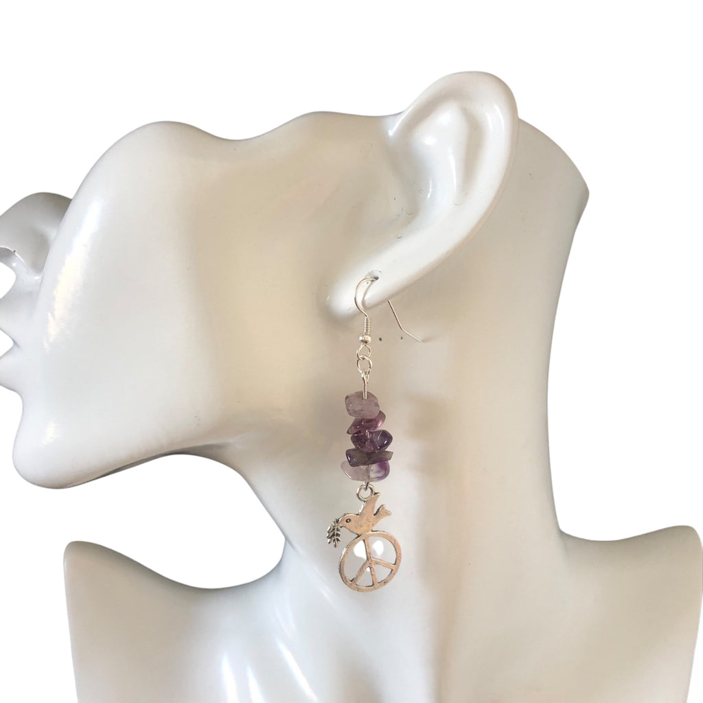 Peace Dove Amethyst Dangle Earrings