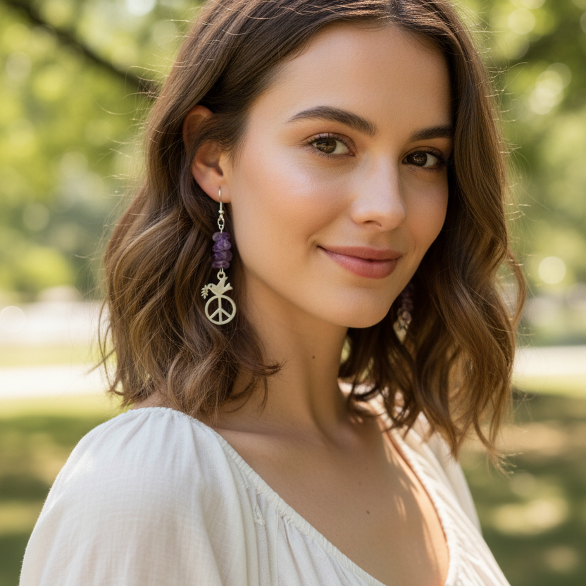 Peace Dove Amethyst Dangle Earrings