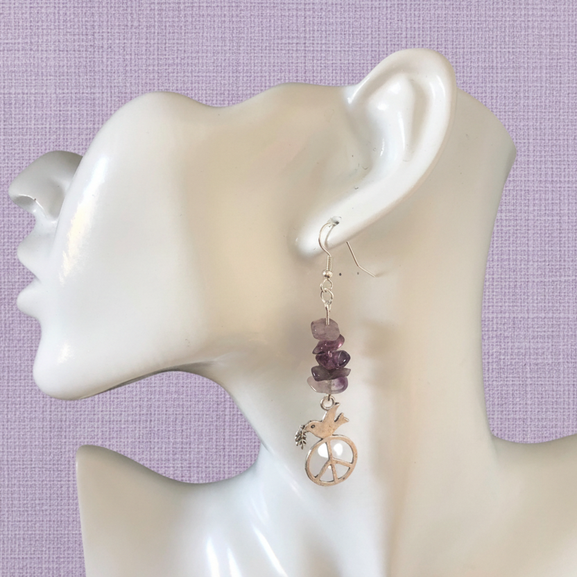 Peace Dove Amethyst Dangle Earrings