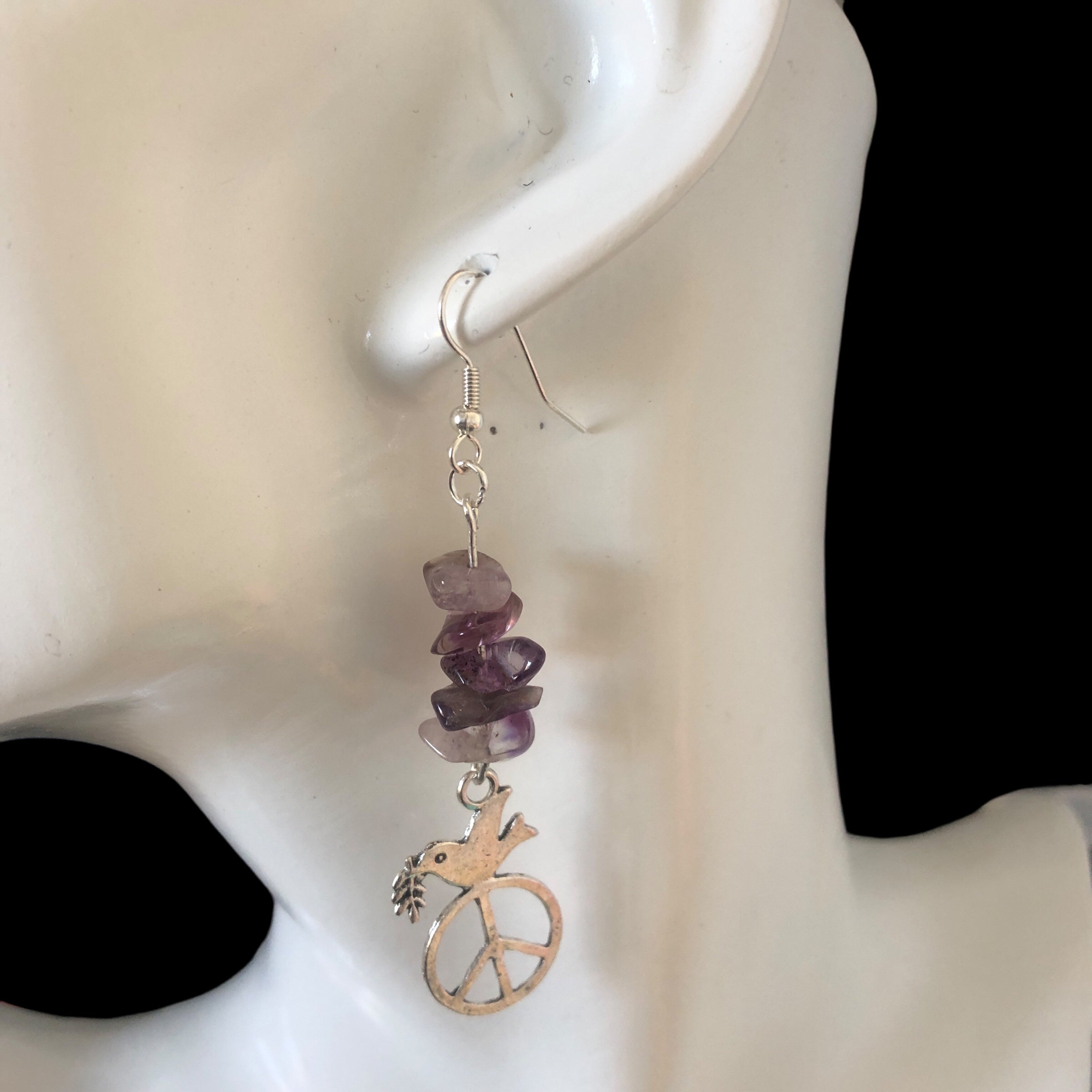 Peace Dove Amethyst Dangle Earrings