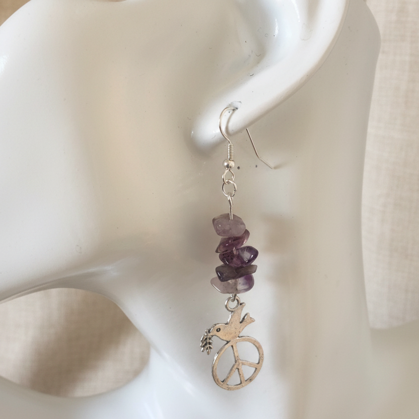 Peace Dove Amethyst Dangle Earrings