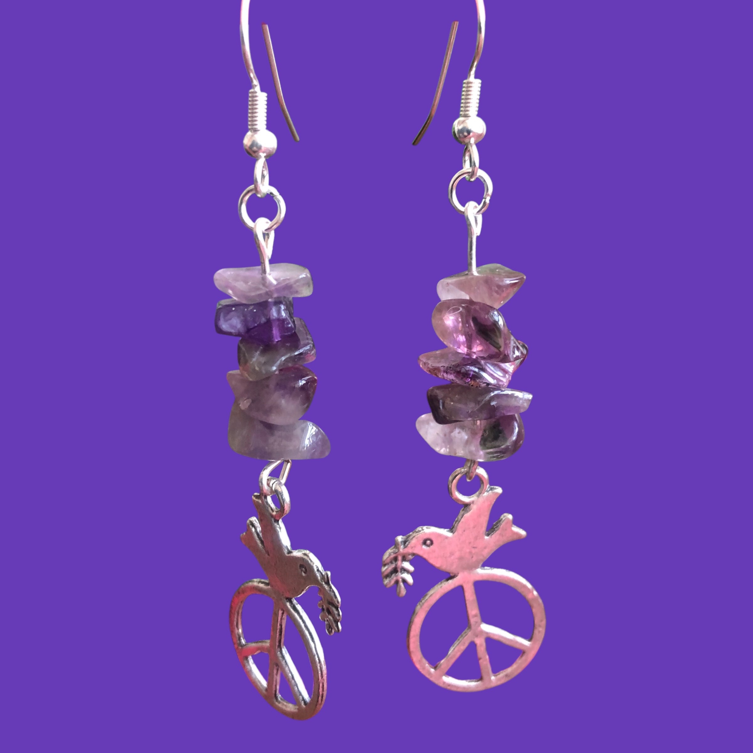 Peace Dove Amethyst Dangle Earrings