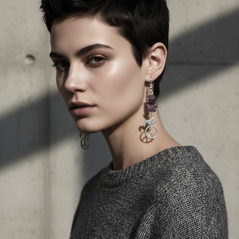 Peace Dove Amethyst Dangle Earrings