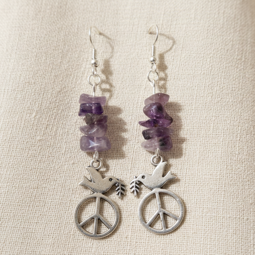 Peace Dove Amethyst Dangle Earrings
