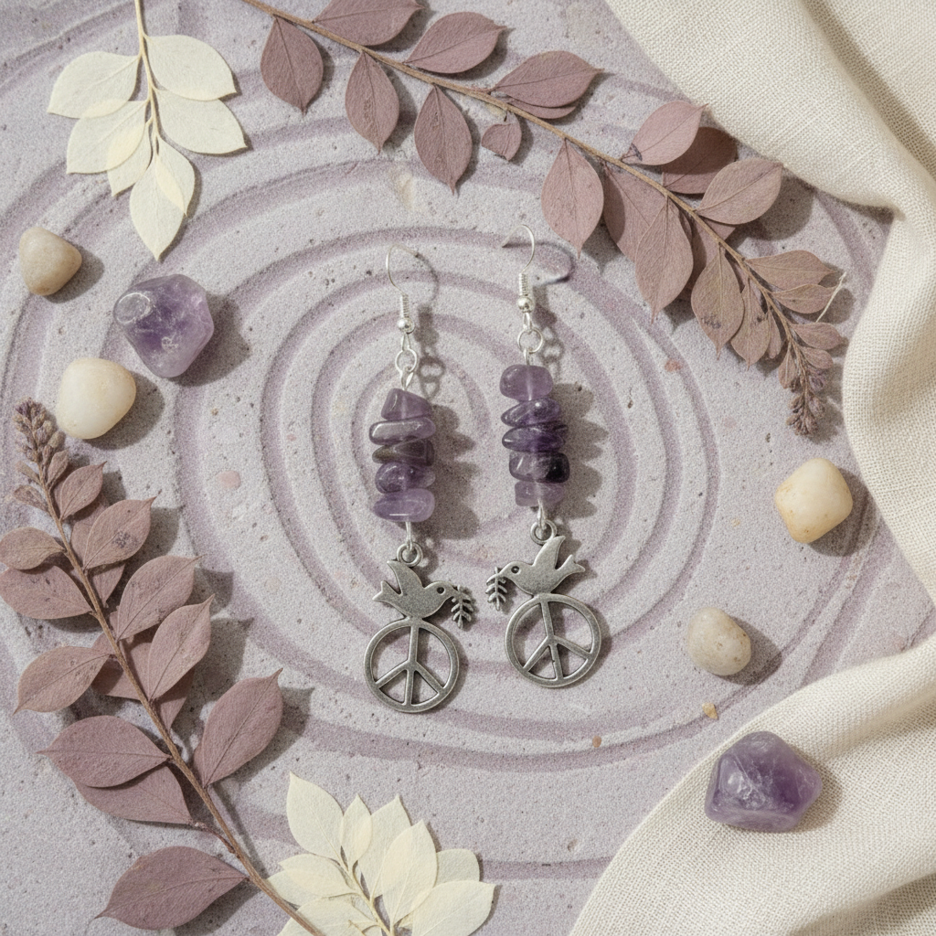 Peace Dove Amethyst Dangle Earrings - Handmade, One-of-A-Kind - Silver Chamber Jewellery Store