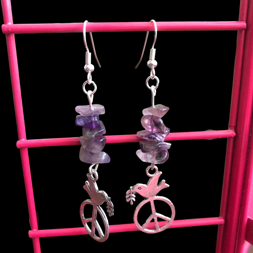 Peace Dove Amethyst Dangle Earrings