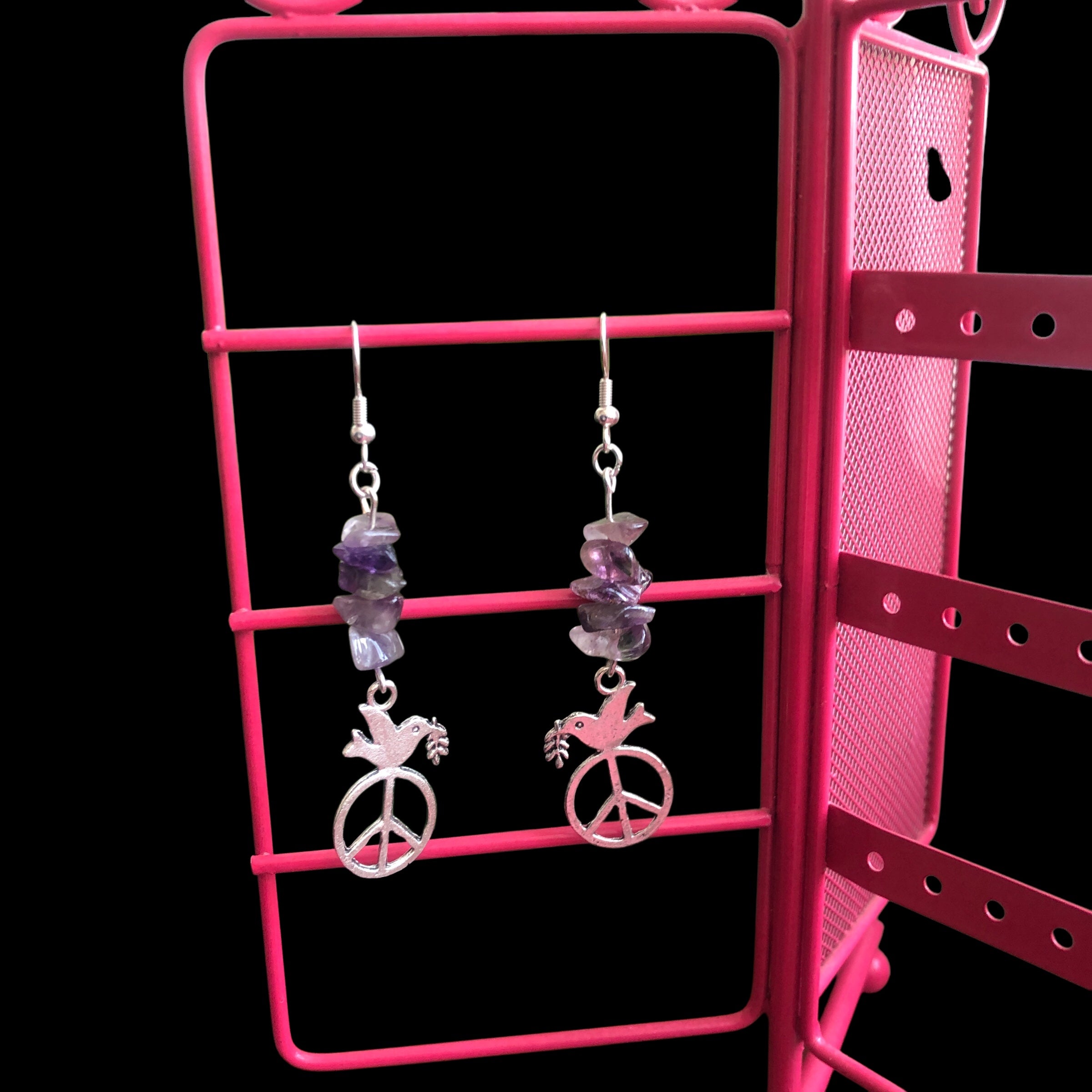 Peace Dove Amethyst Dangle Earrings
