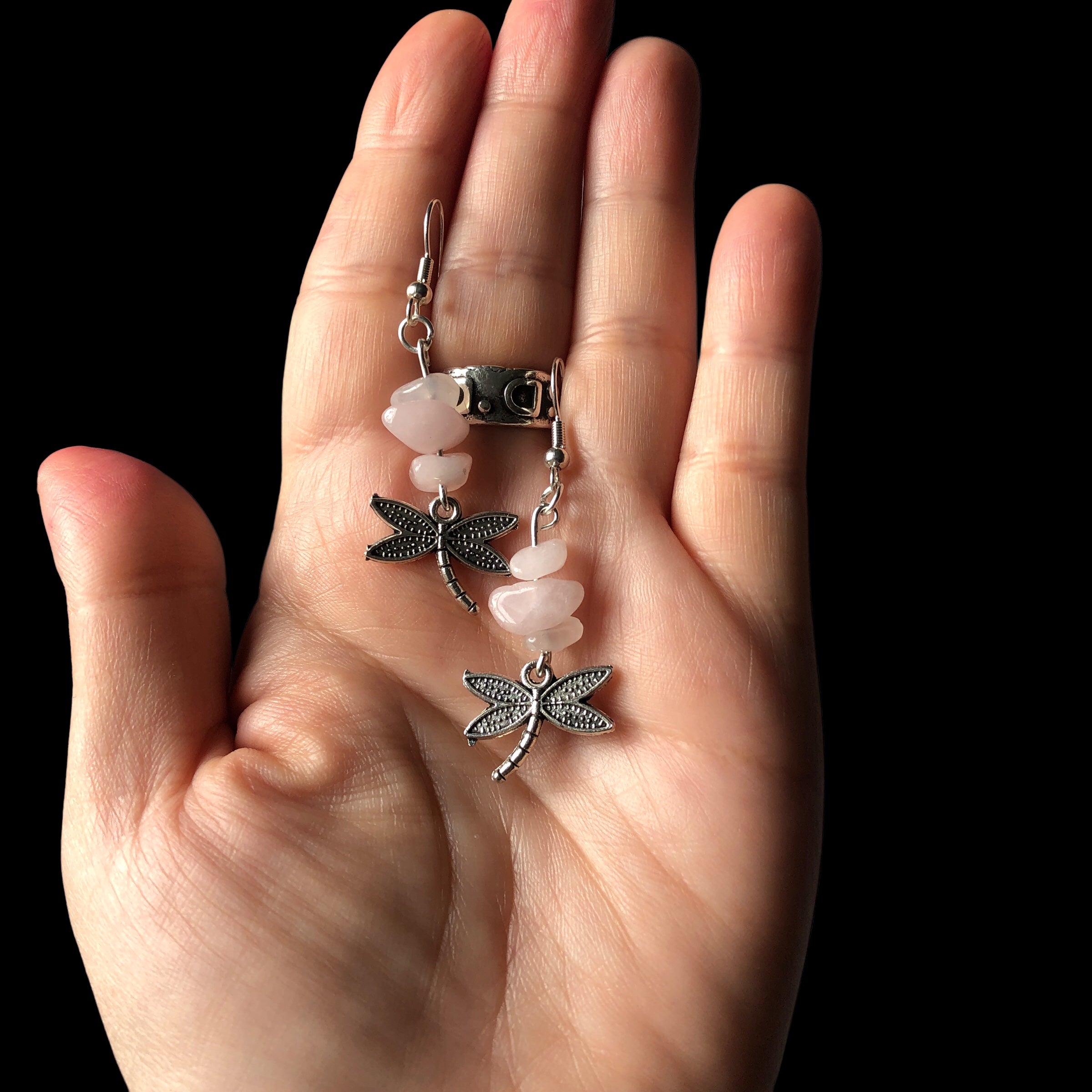 Dragonflies Rose Quartz Dangle Earrings