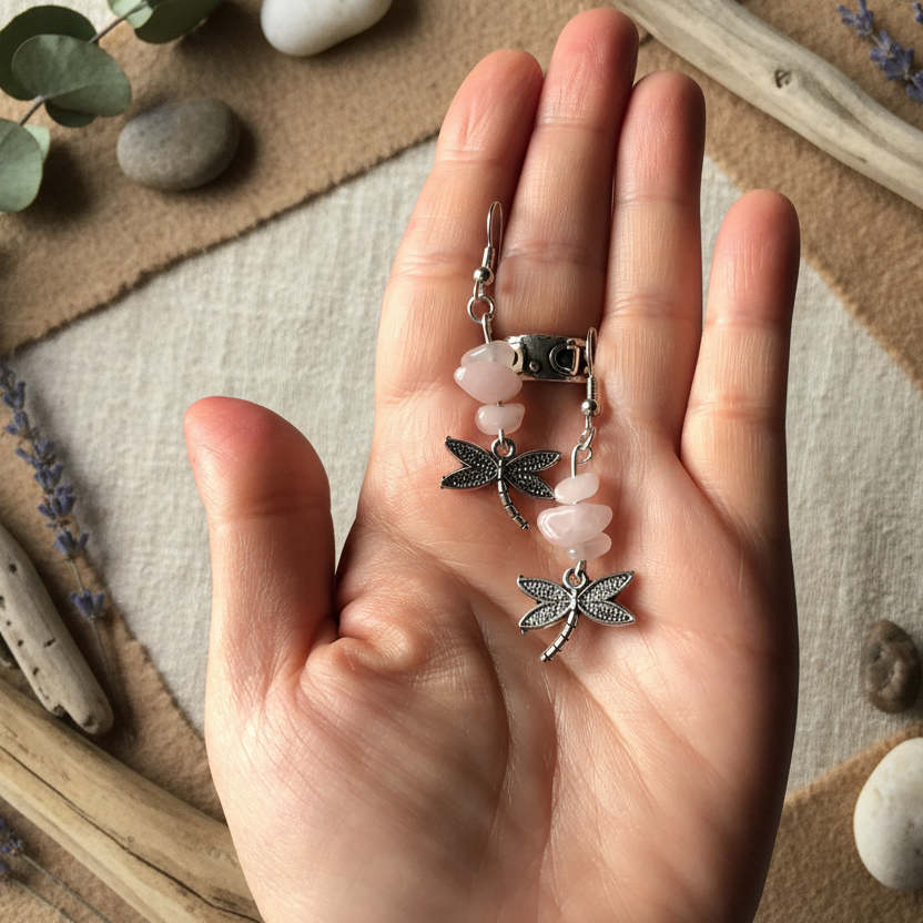 Dragonflies Rose Quartz Dangle Earrings
