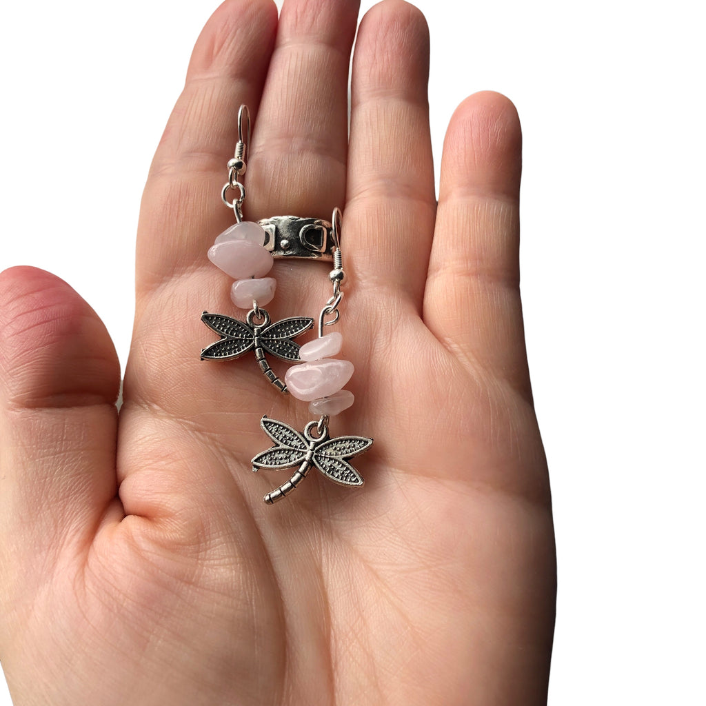 Dragonflies Rose Quartz Dangle Earrings