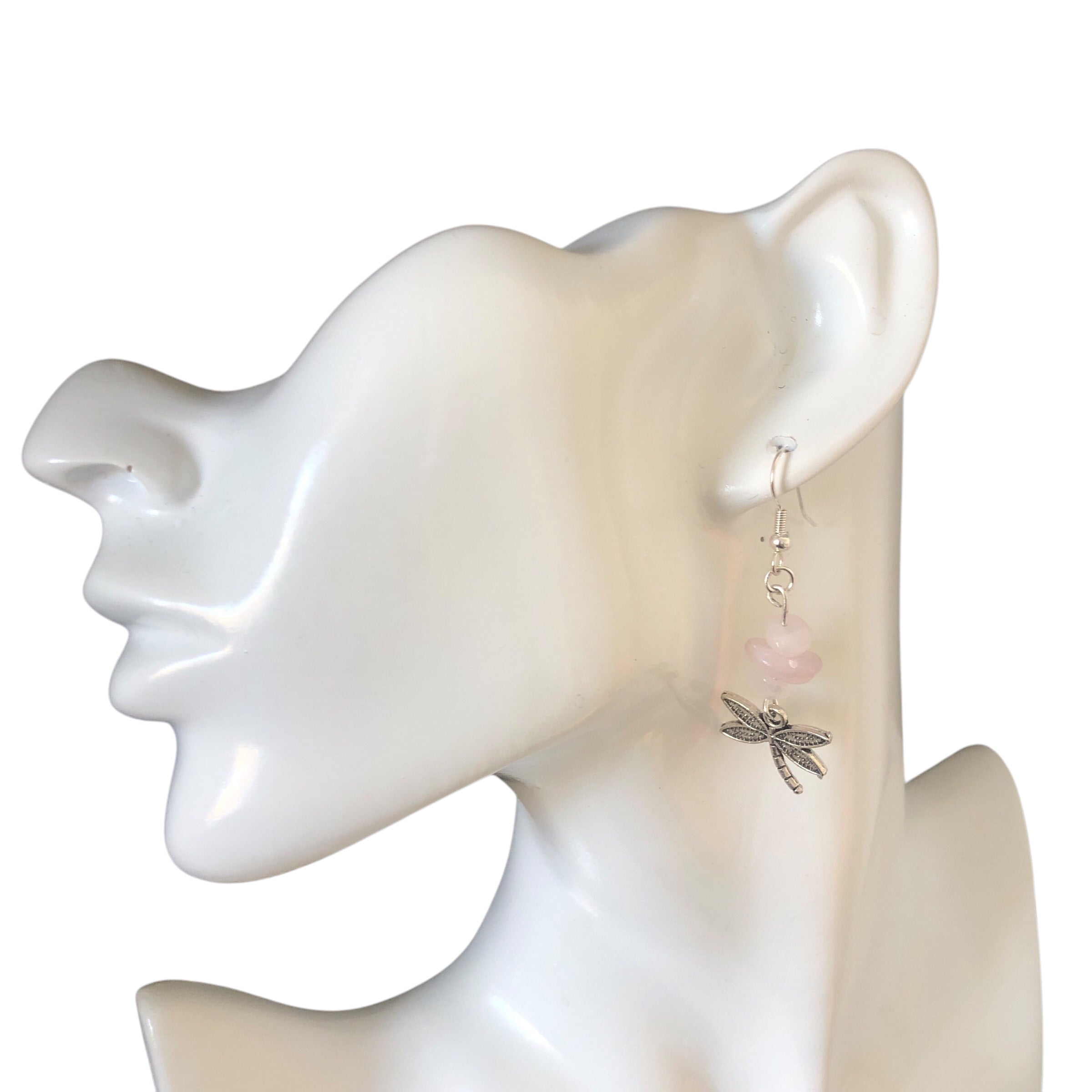 Dragonflies Rose Quartz Dangle Earrings