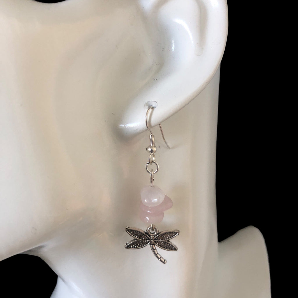 Dragonflies Rose Quartz Dangle Earrings