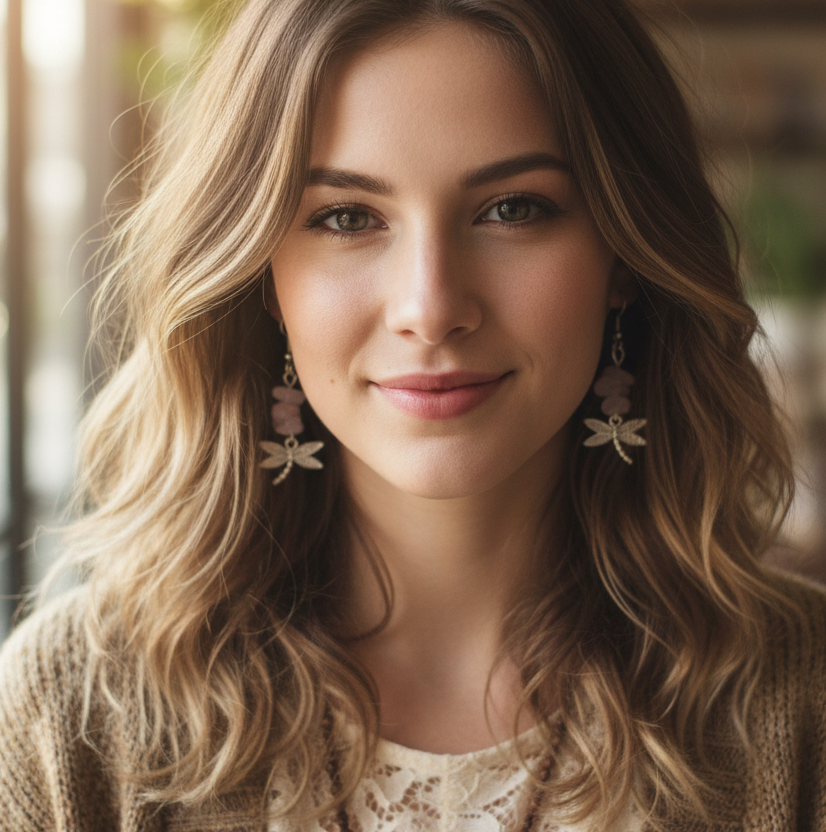 Dragonflies Rose Quartz Dangle Earrings