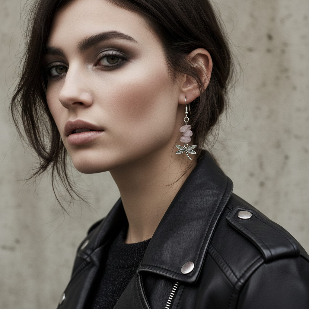 Dragonflies Rose Quartz Dangle Earrings