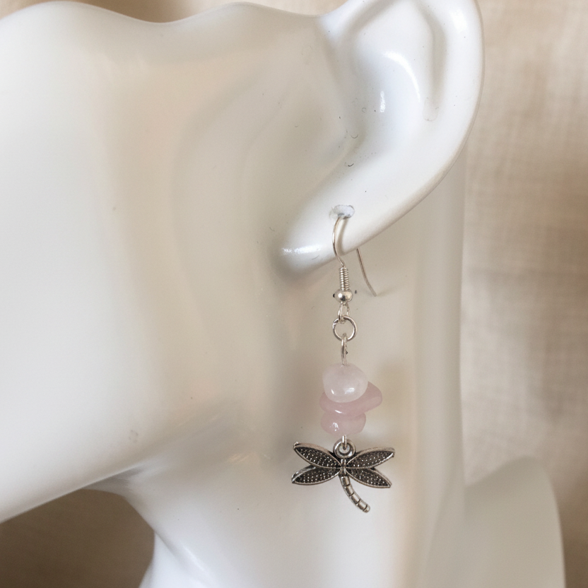 Dragonflies Rose Quartz Dangle Earrings