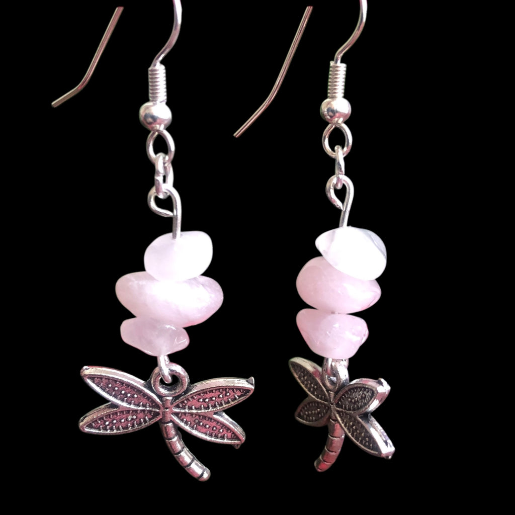 Dragonflies Rose Quartz Dangle Earrings