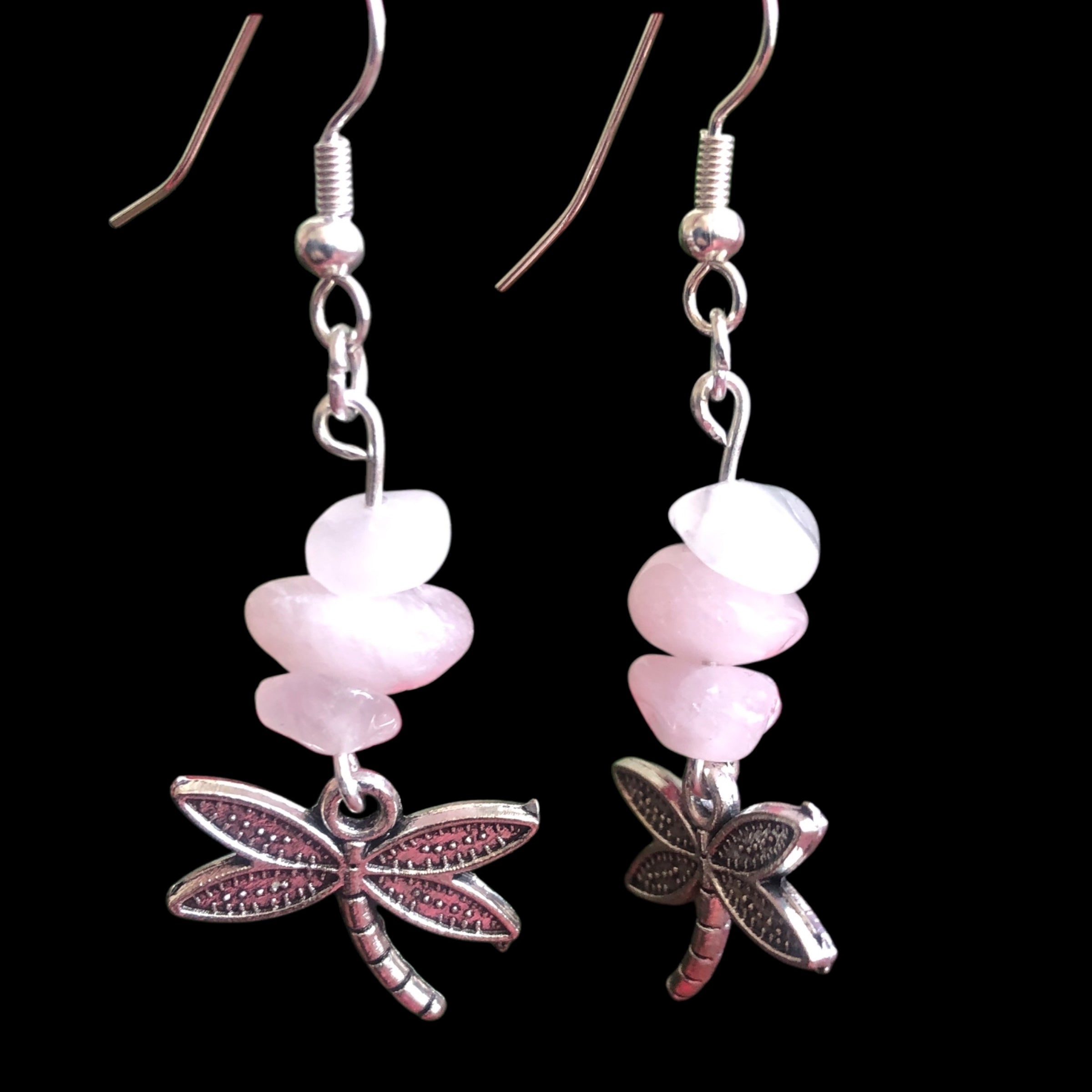 Dragonflies Rose Quartz Dangle Earrings
