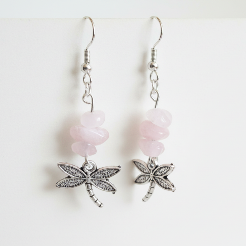Dragonflies Rose Quartz Dangle Earrings