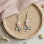 Dragonflies Rose Quartz Dangle Earrings - Handmade, One-of-A-Kind - Silver Chamber Jewellery Store