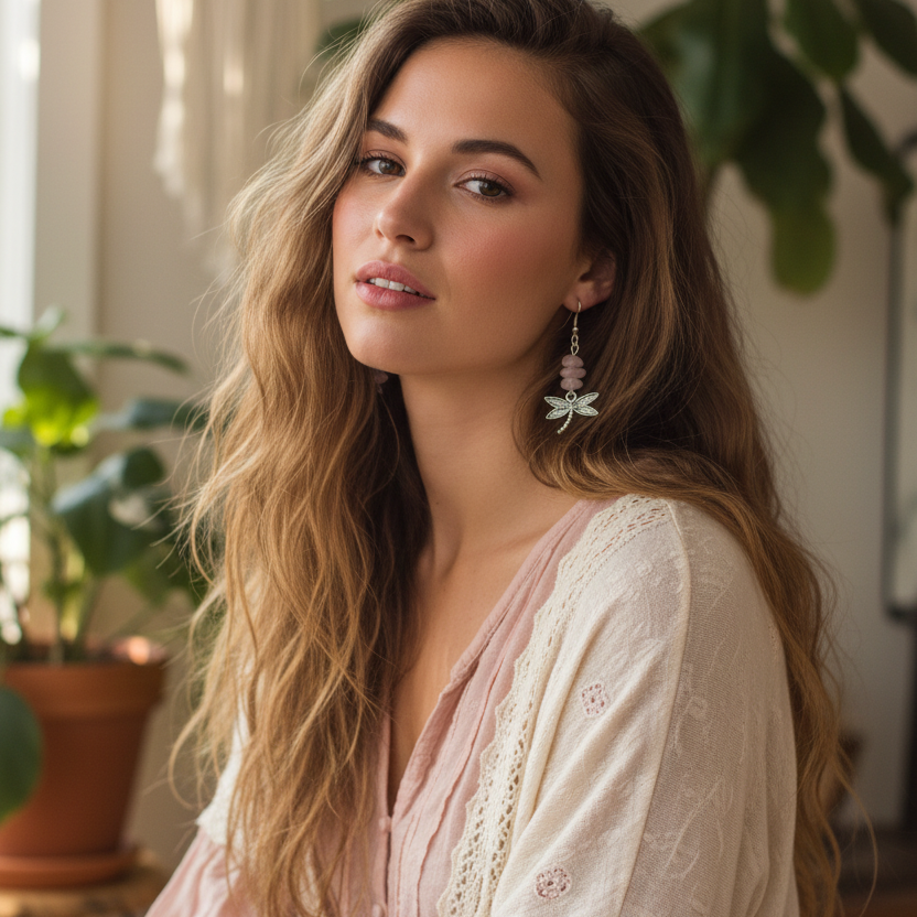 Dragonflies Rose Quartz Dangle Earrings - Handmade, One-of-A-Kind - Silver Chamber Jewellery Store