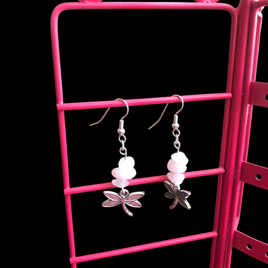 Dragonflies Rose Quartz Dangle Earrings