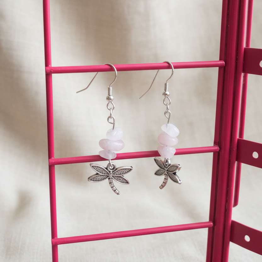Dragonflies Rose Quartz Dangle Earrings