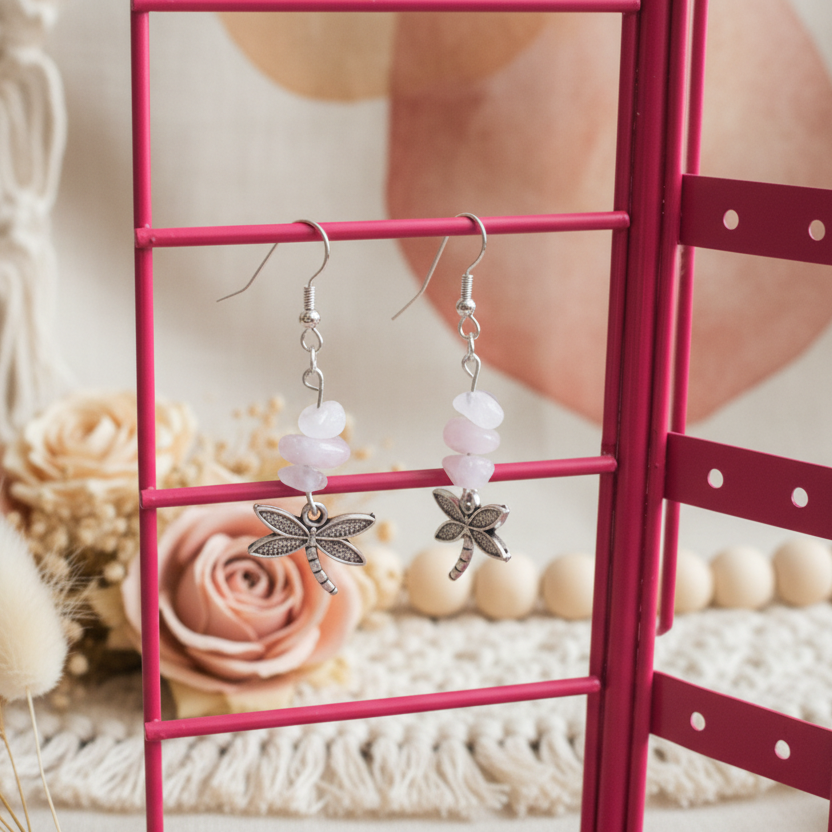 Dragonflies Rose Quartz Dangle Earrings - Handmade, One-of-A-Kind - Silver Chamber Jewellery Store