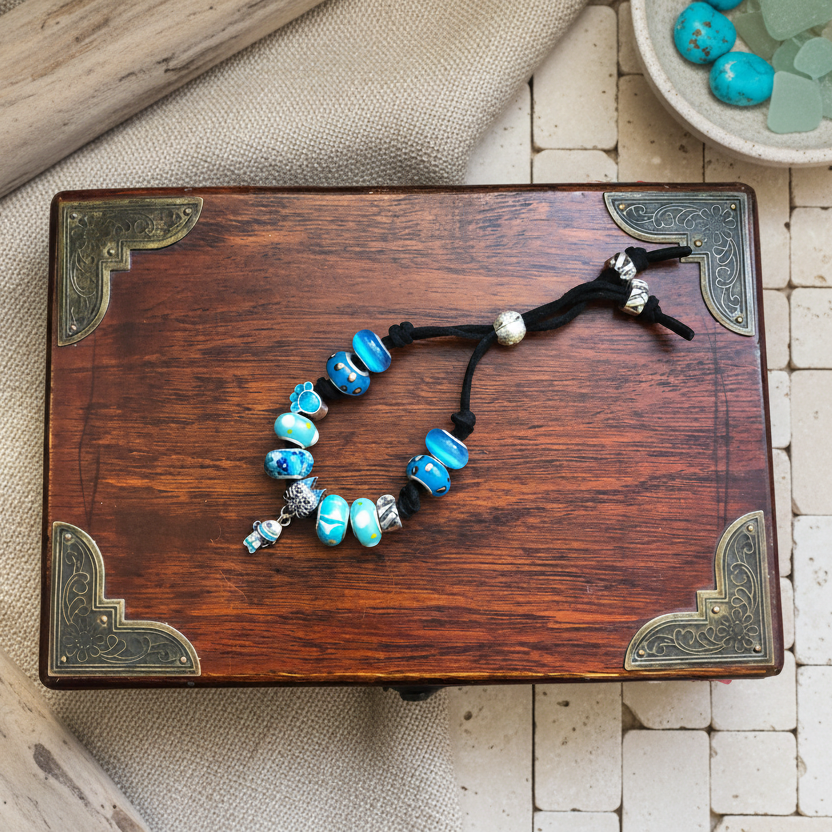 Blue Glass Charm Bracelet - Handmade, One-of-A-Kind - Silver Chamber Jewellery Store