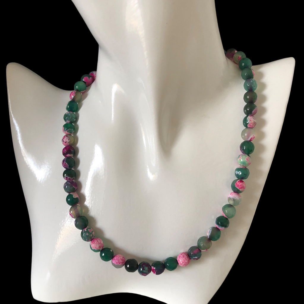 Pink and Green Agate & 925 Silver Beaded Necklace