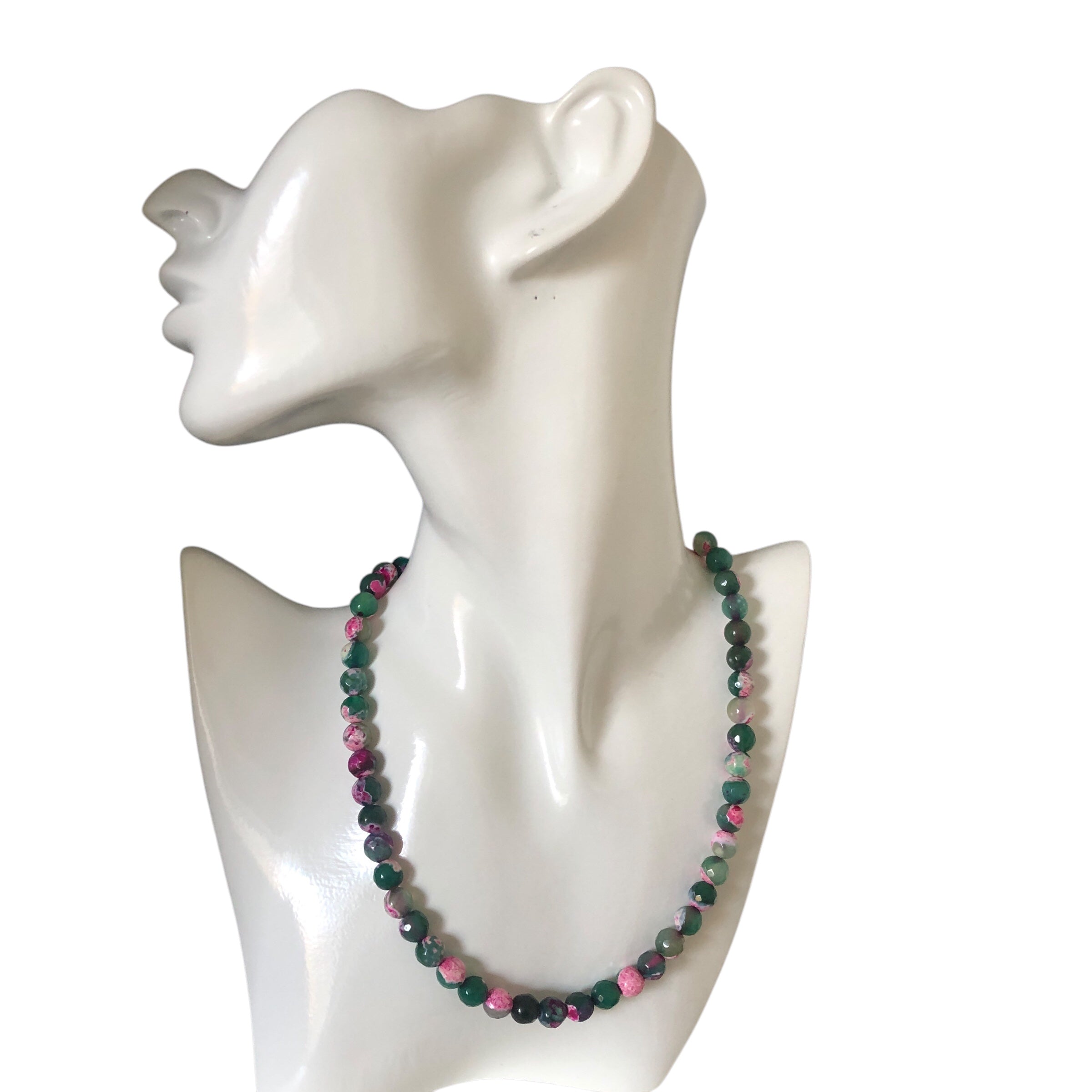 Pink and Green Agate & 925 Silver Beaded Necklace