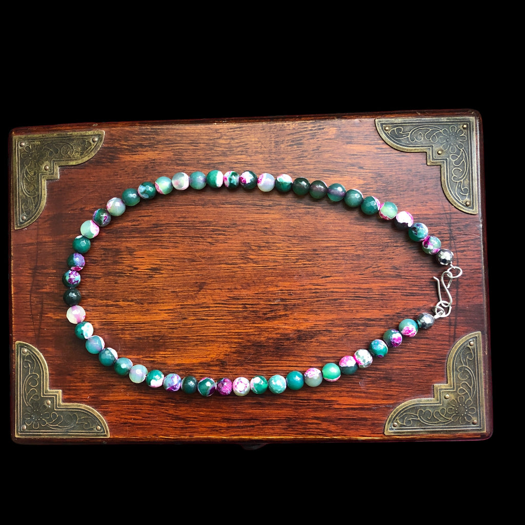 Pink and Green Agate & 925 Silver Beaded Necklace