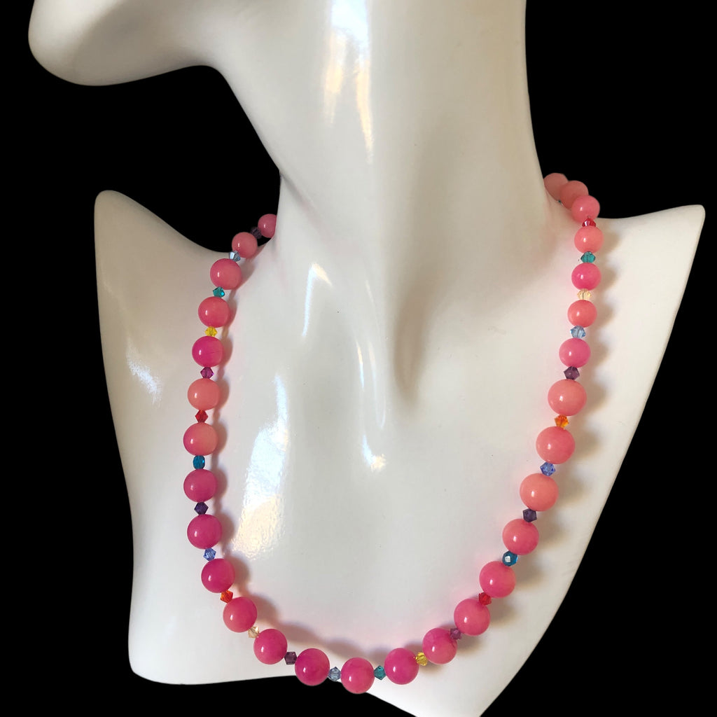 Pink Quartz and Swarovski Crystals Beaded Necklace