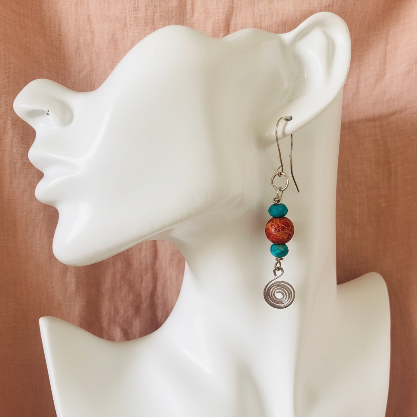 925 Silver Dangle Earrings With Rough Coral and Turquoise