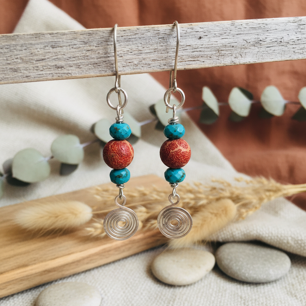 925 Silver Dangle Earrings With Rough Coral and Turquoise