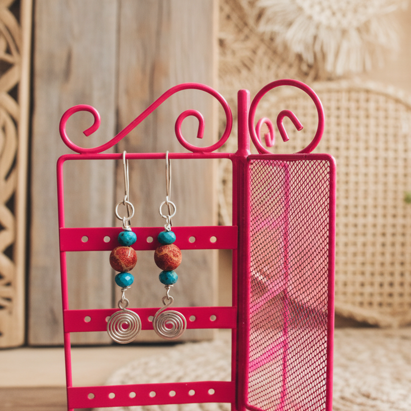 925 Silver Dangle Earrings With Rough Coral and Turquoise