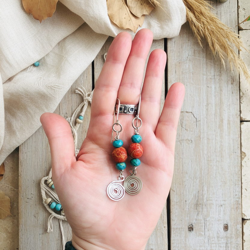 925 Silver Dangle Earrings With Rough Coral and Turquoise