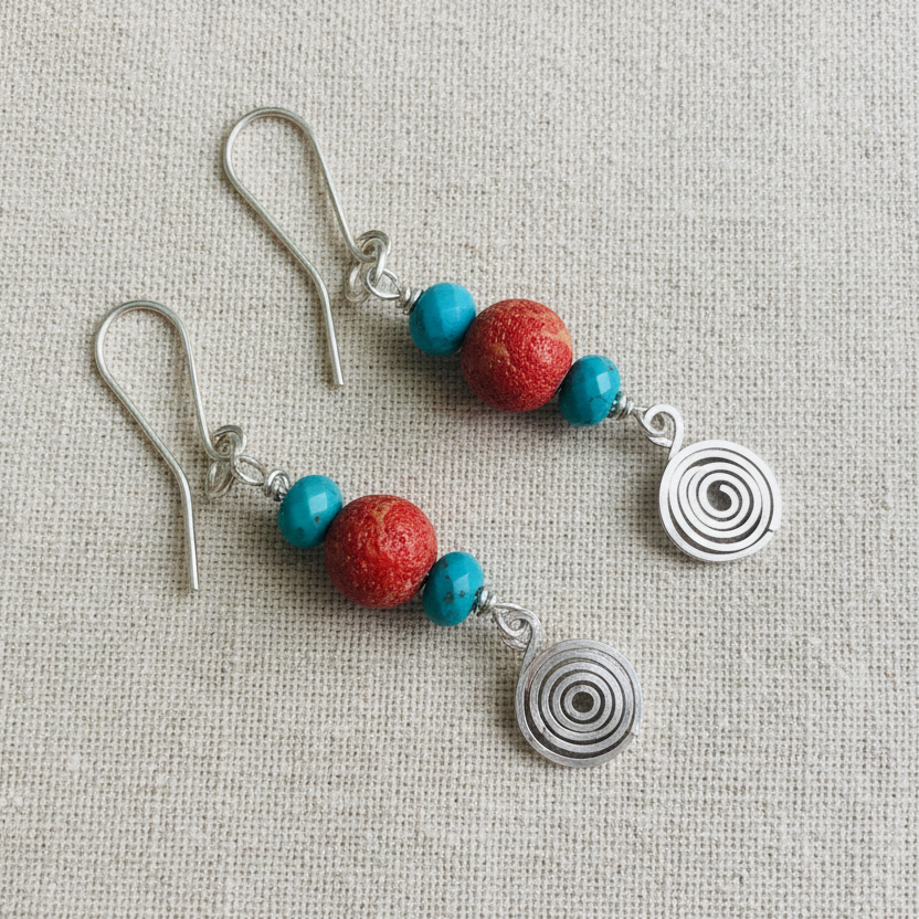 925 Silver Dangle Earrings With Rough Coral and Turquoise