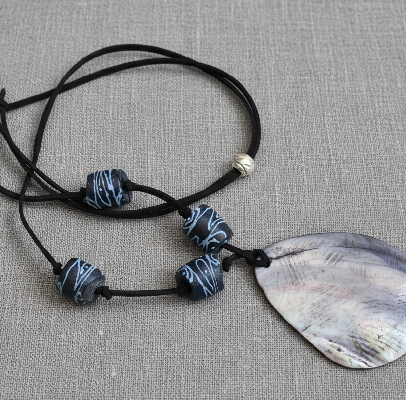 Statement Mother of Pearl Drop Pendant with Gotland Glass Beads